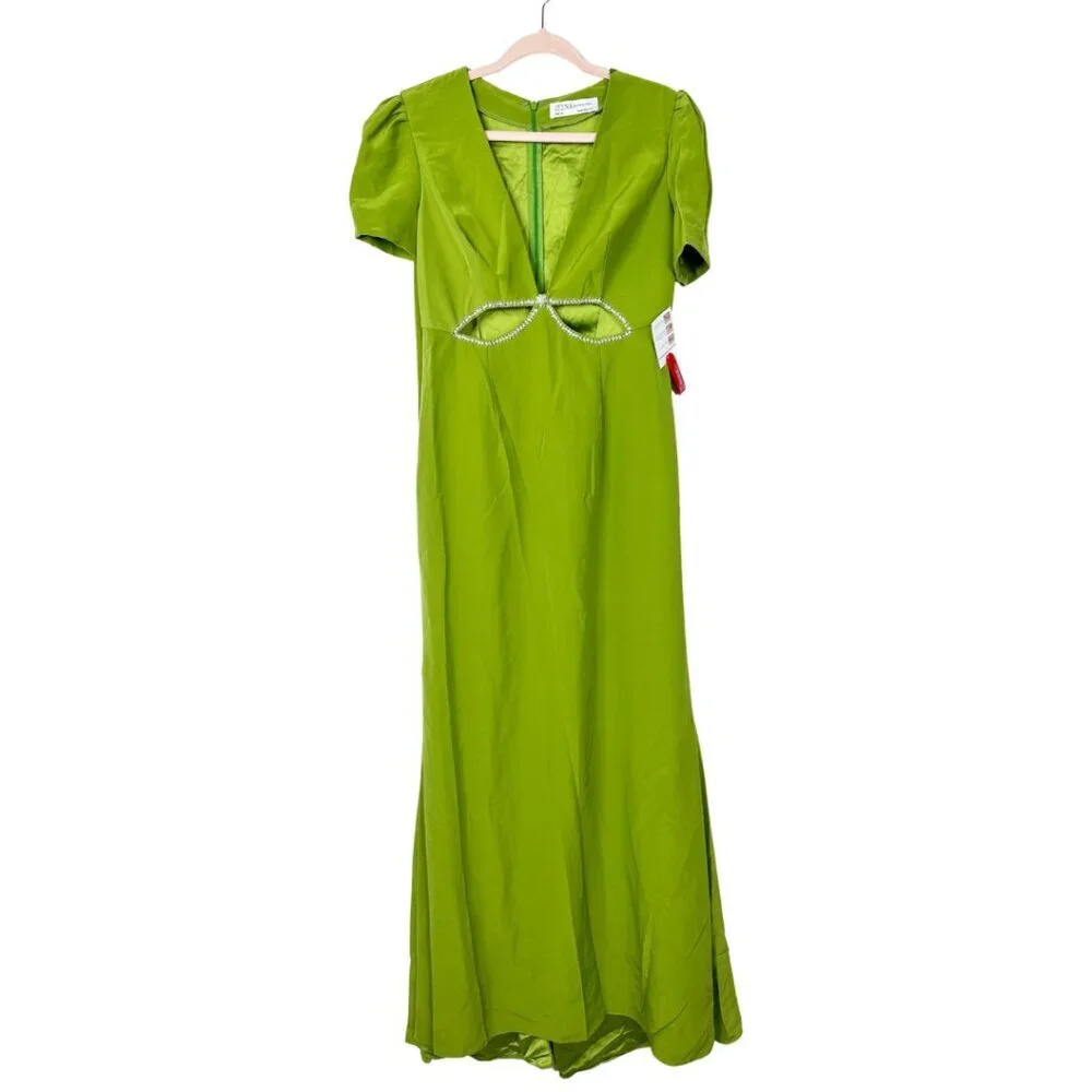 NWT Mac Duggal Plunge Neck Puff Sleeve Cut Out Gown Apple Green 0
